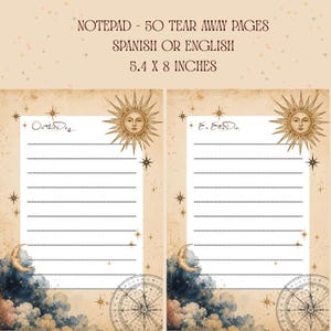 Könnte beinhalten: Ein Notizblock mit 50 abreißbaren Seiten im Format 13,7 x 20,3 cm, erhältlich auf Spanisch oder Englisch. Das Papier hat einen beigen Hintergrund mit einem Sonnen-, Mond-, Sternen- und Kompassmotiv sowie linierte Schreibflächen für Notizen.