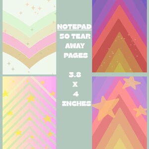 May include: A notepad with 50 tear away pages measuring 9.65 x 10.16 cm. The design features four rectangular sections with chevron patterns in pastel and warm colour gradients, decorated with various star shapes in yellow and white.