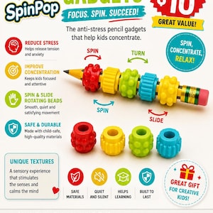 May include: SpinPop pencil gadgets featuring colourful, textured beads in red, yellow, lime green, and blue. The set includes a number 2 pencil and various beads that spin and slide. Text includes PENCIL GADGETS, FOCUS. SPIN. SUCCEED!, and 20 FOR $10.