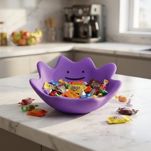 May include: A purple bowl shaped like the character Ditto, featuring a simple black line for a mouth and two small black dots for eyes. The bowl is filled with a variety of colorful, individually wrapped candies, with several pieces scattered around.