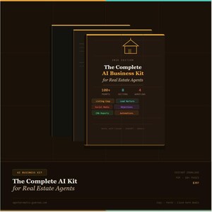 Op de afbeelding: Een digitaal product getiteld "The Complete AI Business Kit for Real Estate Agents" wordt getoond. De cover is donkerbruin met gouden tekst en afbeeldingen, inclusief een huisicoon. Het benadrukt 100+ prompts, 8 secties en 4 workflows.