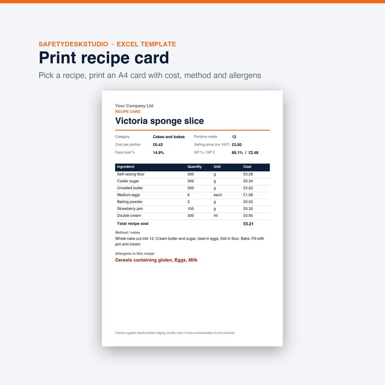 Rezeptkostenkalkulation | Lebensmittelkostenrechner, Menükalkulation, Menügestaltung, Allergenmatrix | Vorlage für Excel und Google Tabellen Bild 7