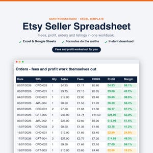 Etsy Seller Spreadsheet | Etsy Fee Calculator, Profit Tracker and Order Log | Etsy Bookkeeping | Excel & Google Sheets Template image 1