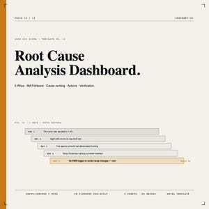 Pode incluir: Um modelo Excel bege intitulado "Painel de Análise da Causa Raiz". O documento inclui seções para 5 Whys, 6M Fishbone e classificação de causas. Apresenta um gráfico com taxas de erro e problemas de treinamento. O texto "OPSCRAFT CO." está no canto superior direito.