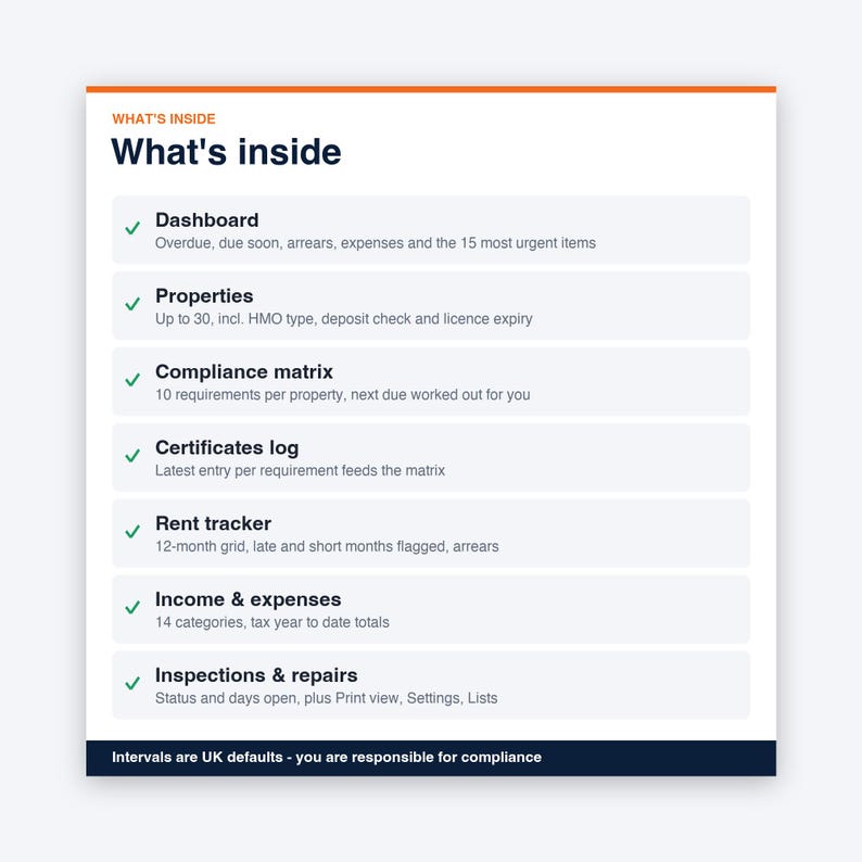 Landlord Templates UK | HMO Landlord Compliance Tracker, Gas Safety and EICR Tracker, Rent Tracker | Excel and Google Sheets Template image 2