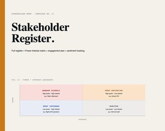 Plantilla de Excel para el registro de partes interesadas / Matriz de poder e interés / Rastreador de sentimiento del plan de participación / Gestor de programas de proyectos
