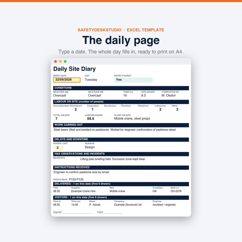 Szablon dziennika budowy | Dziennik budowy, Dzienny raport z budowy, Dziennik budowy, Dziennik wykonawcy | Szablon programu Excel i Arkuszy Google zdjęcie 4
