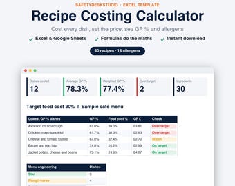 Hoja de cálculo para el cálculo de costes de recetas / Calculadora de costes de alimentos, cálculo de costes de menús, ingeniería de menús, matriz de alérgenos / Plantilla para Excel y Google Sheets
