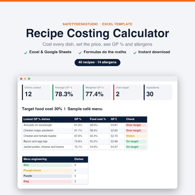 Rezeptkostenkalkulation | Lebensmittelkostenrechner, Menükalkulation, Menügestaltung, Allergenmatrix | Vorlage für Excel und Google Tabellen Bild 1