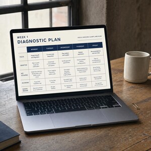 Könnte beinhalten: Ein Laptop-Bildschirm mit einem "Woche 1 Diagnoseplan" mit einem detaillierten Zeitplan. Der Bildschirm zeigt eine Tabelle mit Spalten für Montag bis Freitag, die Schwerpunkte, Ziele, Schlüsselaktivitäten, Ergebnisse und Erfolgsmaße umreißt. Eine Tasse und eine Büroklammer liegen auf dem Holzschreibtisch.