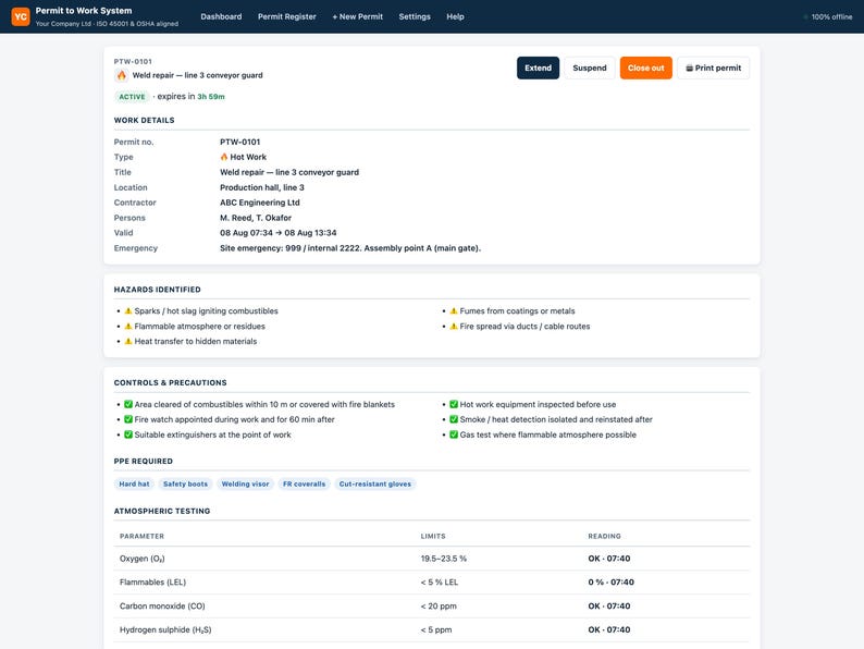 Permit to Work System | Offline Web App, 16 Permit Types, Approvals, Gas Tests & Expiry Tracker | ISO 45001 OSHA Aligned | Fully Editable image 5