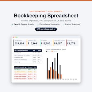 Small Business Bookkeeping Spreadsheet UK | Self Employed Income and Expense Tracker, VAT and Mileage | Excel & Google Sheets Template image 1