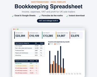Small Business Bookkeeping Spreadsheet UK | Self Employed Income and Expense Tracker, VAT and Mileage | Excel & Google Sheets Template