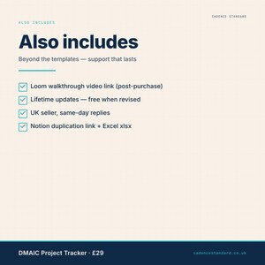 DMAIC tracker bonus inclusions — Loom walkthrough, lifetime updates, UK seller, Notion + Excel