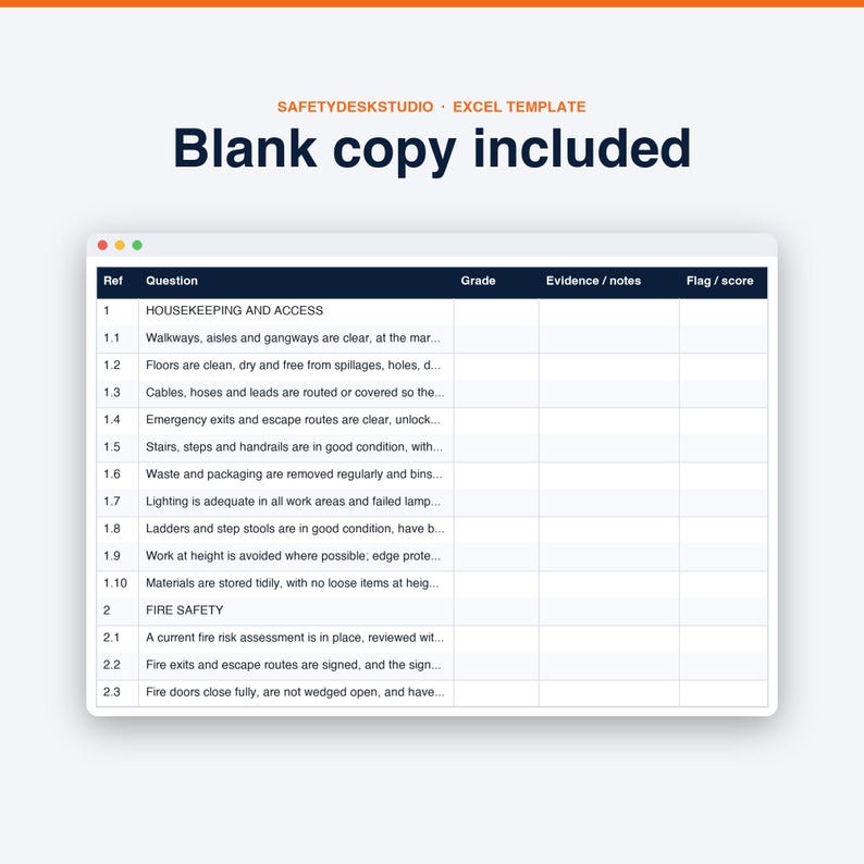 Workplace Safety Audit Checklist | 74-Question Inspection, Scoring & Action Log | Excel Google Sheets image 7
