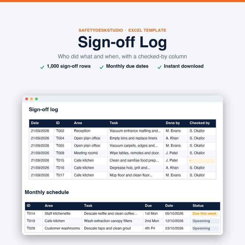Sjabloon voor schoonmaakschema | Schoonmaakchecklist, schoonmaakrooster voor kantoor en keuken, aftekenlijst | Sjabloon voor Excel en Google Sheets afbeelding 5