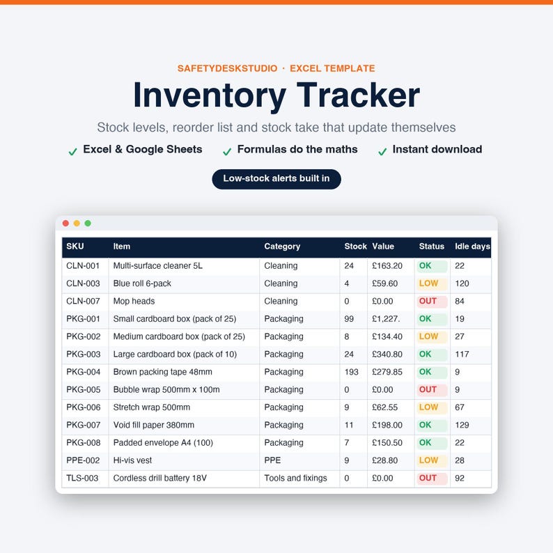 Inventory Spreadsheet | Stock Tracker with Reorder List and Stock Take Sheet | Small Business Inventory | Excel & Google Sheets Template image 1