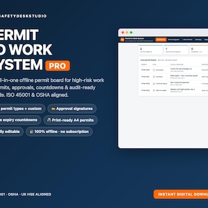 May include: A digital Permit to Work System Pro dashboard interface on a dark blue background. The text includes Permit to Work System Pro, 16 permit types, approval signatures, live expiry countdowns, print-ready A4 permits, and 100% offline.
