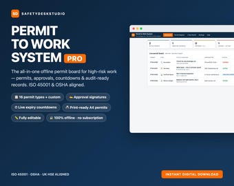 Sistema di permessi di lavoro / Applicazione web offline, 16 tipologie di permessi, approvazioni, test del gas e monitoraggio delle scadenze / Conforme a ISO 45001 e OSHA / Completamente modificabile