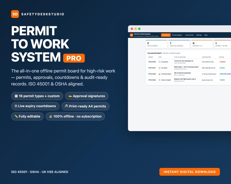Permit to Work System | Offline Web App, 16 Permit Types, Approvals, Gas Tests & Expiry Tracker | ISO 45001 OSHA Aligned | Fully Editable image 1