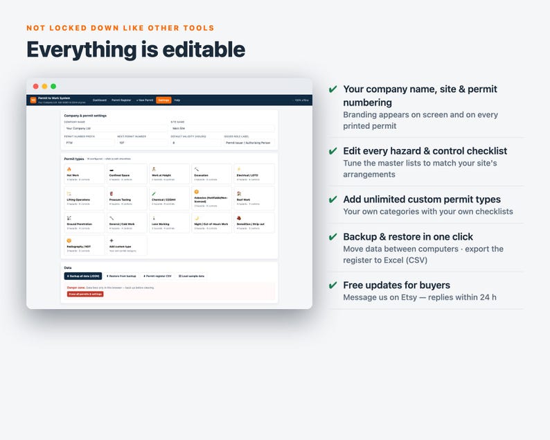 Permit to Work System | Offline Web App, 16 Permit Types, Approvals, Gas Tests & Expiry Tracker | ISO 45001 OSHA Aligned | Fully Editable image 6
