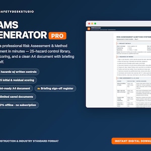 Puede incluir: Una interfaz de software digital RAMS Generator Pro sobre un fondo azul oscuro. El texto muestra características que incluyen una biblioteca de 25 controles de riesgos, puntuación 5x5 y documentos A4 listos para imprimir. Se muestra un documento.