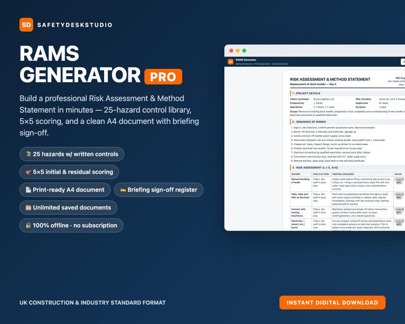 RAMS-Generator | Web-App zur Erstellung von Arbeitsanweisungen und Risikobewertungen | Bibliothek mit 25 Gefahren, 5x5-Bewertung, druckfertiges A4-Format | Für Bauunternehmen in Großbritannien Bild 1