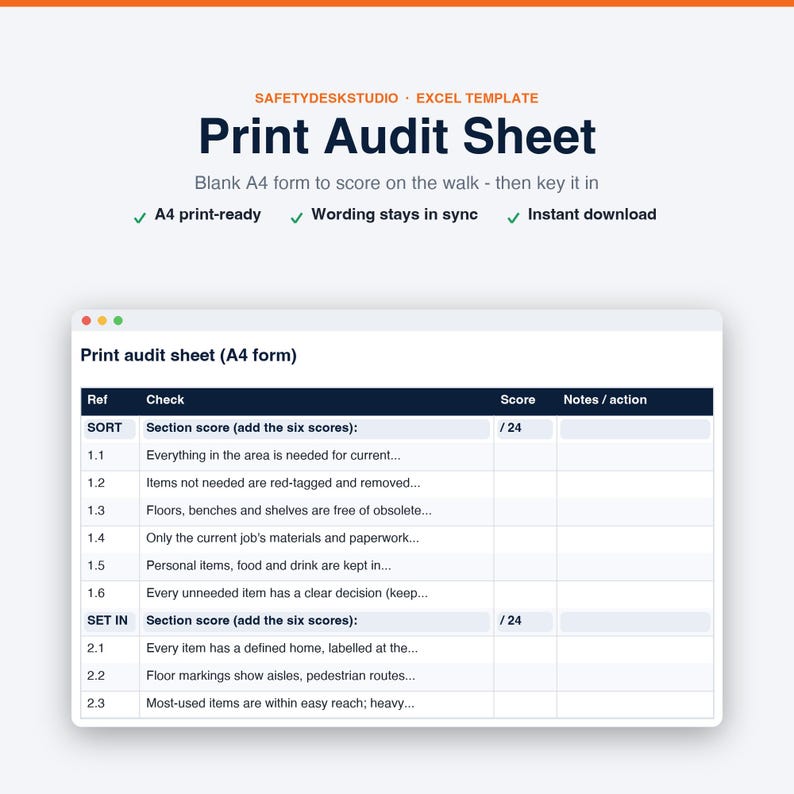 Modello Excel per la checklist di audit 5S / Dashboard di valutazione, tracker Kaizen e registro delle etichette rosse immagine 7