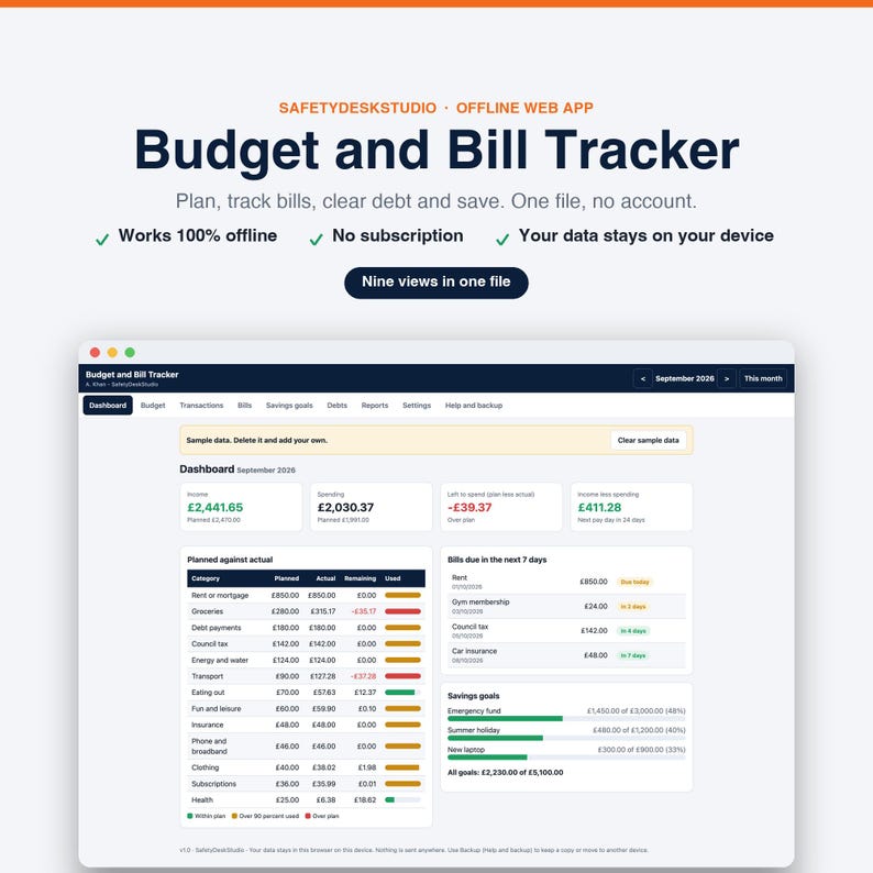 Budget App | Offline Monthly Budget Planner and Bill Tracker for UK Households | Works in Any Browser, No Subscription image 1