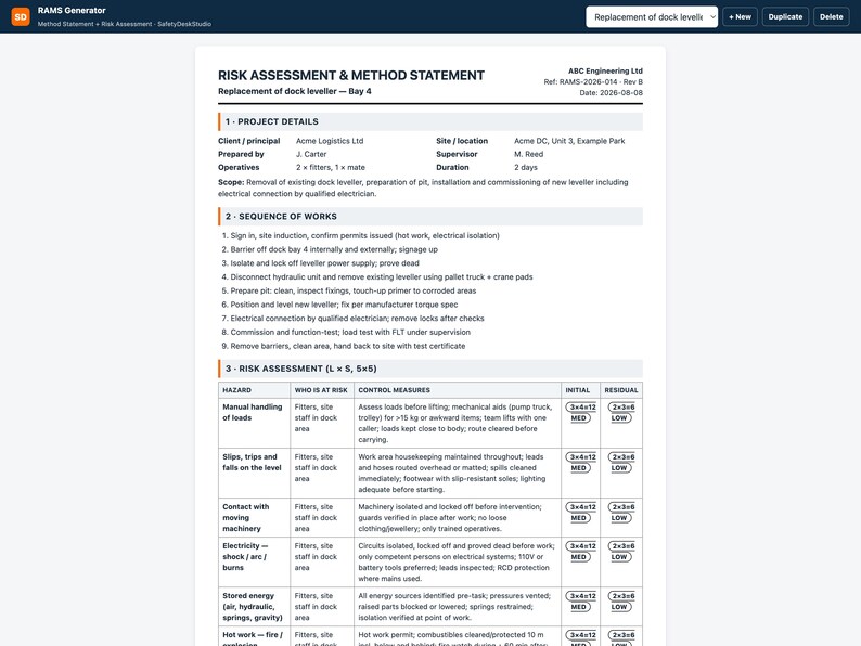 RAMS-Generator | Web-App zur Erstellung von Arbeitsanweisungen und Risikobewertungen | Bibliothek mit 25 Gefahren, 5x5-Bewertung, druckfertiges A4-Format | Für Bauunternehmen in Großbritannien Bild 2