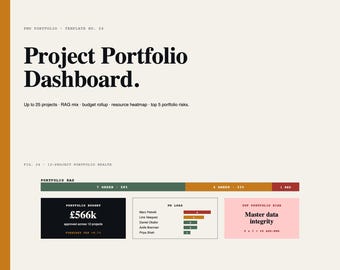 Panel de control de cartera de proyectos en Excel / Rastreador PMO de múltiples proyectos / Mapa de calor de recursos de resumen presupuestario RAG / Principales riesgos / Herramienta de programa