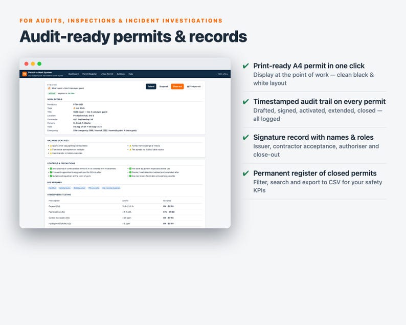 Permit to Work System | Offline Web App, 16 Permit Types, Approvals, Gas Tests & Expiry Tracker | ISO 45001 OSHA Aligned | Fully Editable image 7