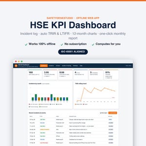 Peut inclure: Une interface numérique de tableau de bord HSE KPI affichée sur un écran, comprenant un journal des incidents, des mesures TRIR et LTIFR, des graphiques sur 12 mois et un tableau des incidents récents. Le logiciel est aligné ISO 45001.