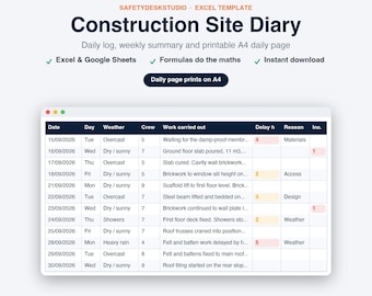Modello di diario di cantiere / Diario di cantiere, Rapporto giornaliero di cantiere, Registro di cantiere, Diario dell'appaltatore / Modello Excel e Fogli Google