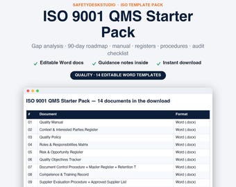 ISO 9001 QMS Template Pack | Quality Manual, Registers & Audit Checklist, Editable Word