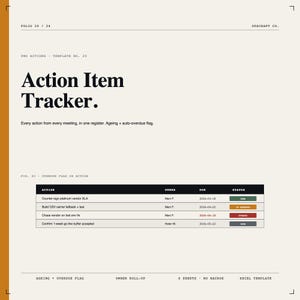 Peut inclure: Document intitulé « Action Item Tracker » avec un tableau montrant les actions, les propriétaires, les dates d'échéance et les statuts. Le document comprend le texte « Ageing + auto-overdue flag » et est étiqueté comme modèle Excel.