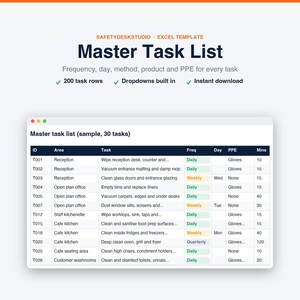 Sjabloon voor schoonmaakschema | Schoonmaakchecklist, schoonmaakrooster voor kantoor en keuken, aftekenlijst | Sjabloon voor Excel en Google Sheets afbeelding 4
