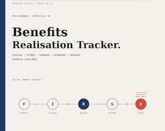 Rastreador de realización de beneficios Notion + Excel / Gestión de programas PMO / Registro de evidencia de casos de negocio / Alertas de deterioro / Paquete para la junta directiva