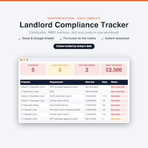 Landlord Templates UK | HMO Landlord Compliance Tracker, Gas Safety and EICR Tracker, Rent Tracker | Excel and Google Sheets Template image 1