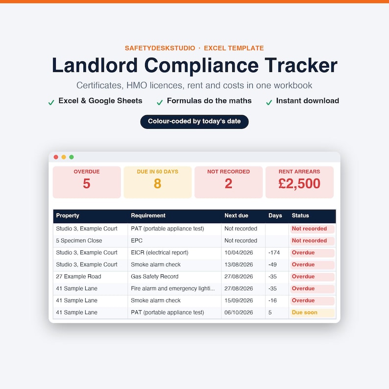 Landlord Templates UK | HMO Landlord Compliance Tracker, Gas Safety and EICR Tracker, Rent Tracker | Excel and Google Sheets Template image 1