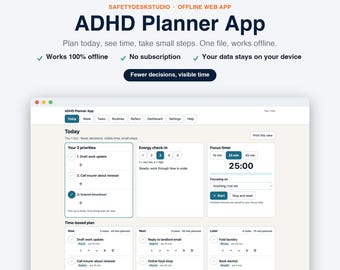 ADHD Planner App | Offline Daily Planner and Focus Timer for Adults | Works in Any Browser, No Subscription