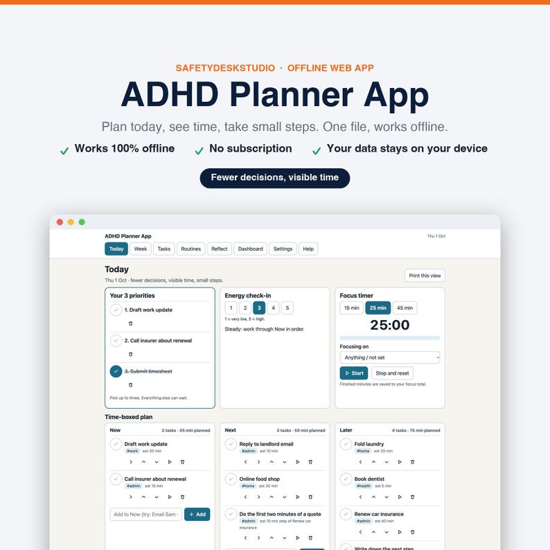 ADHD Planner App | Offline Daily Planner and Focus Timer for Adults | Works in Any Browser, No Subscription image 1