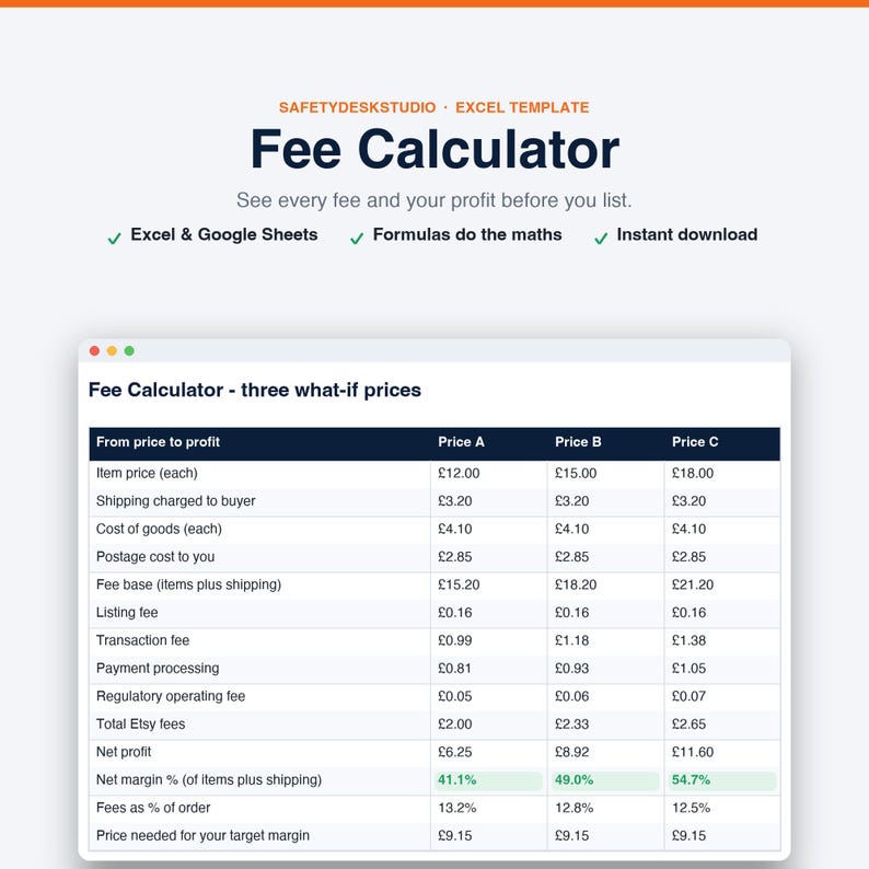 Etsy Seller Spreadsheet | Etsy Fee Calculator, Profit Tracker and Order Log | Etsy Bookkeeping | Excel & Google Sheets Template image 4