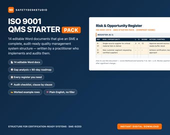 Kit di avvio per il Sistema di Gestione della Qualità ISO 9001 / 14 modelli Word modificabili / Manuale della qualità, registri, lista di controllo per gli audit, piano d'azione di 90 giorni / Piccole imprese