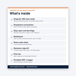 Modello per la lista dei difetti / Strumento di monitoraggio dei difetti di costruzione, lista di controllo finale e checklist di consegna / Modello per Excel e Fogli Google immagine 2