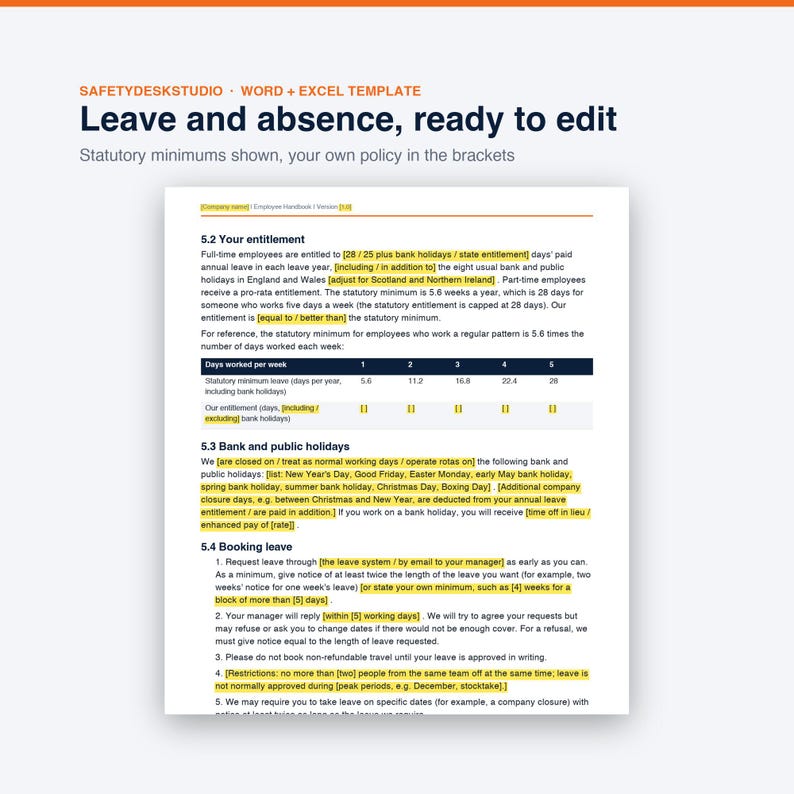 Employee Handbook Template UK | Staff Handbook, New Starter Checklist, Induction and Probation Review | Word and Excel Pack image 4