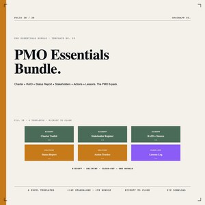Könnte beinhalten: Ein digitales Dokument mit dem Titel "PMO Essentials Bundle" auf cremefarbenem Hintergrund. Das Dokument enthält den Text "Charter + RAID + Status Report + Stakeholders + Actions + Lessons". Sechs Excel-Vorlagen werden gezeigt, darunter ein Charter Toolkit und ein Action Tracker.