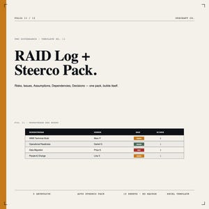 Puede incluir: Documento digital titulado "RAID Log + Steerco Pack" sobre un fondo crema. El documento incluye una tabla con los encabezados "Workstream", "Owner", "RAG" y "Risks". También es visible el texto "Riesgos, problemas, supuestos, dependencias, decisiones: un paquete, se construye solo".