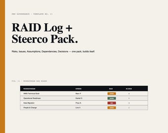 Plantilla de Excel para registro RAID / Programa PMO Riesgos Problemas Supuestos Dependencias Decisiones / Paquete Auto Steerco / Gerente de Programa