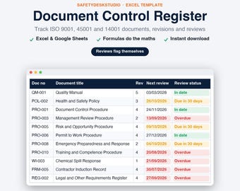Document Control Register Excel Template | ISO 9001 Review Tracker & Dashboard, Google Sheets